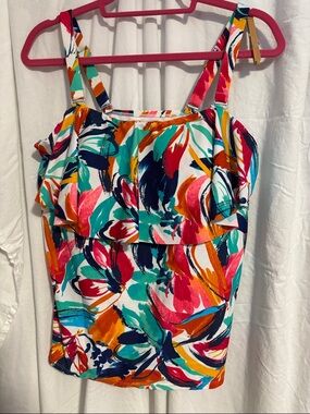 Catalina Multicolor Brushstroke Tankini Top - Teal, Pink, Orange, Navy, White